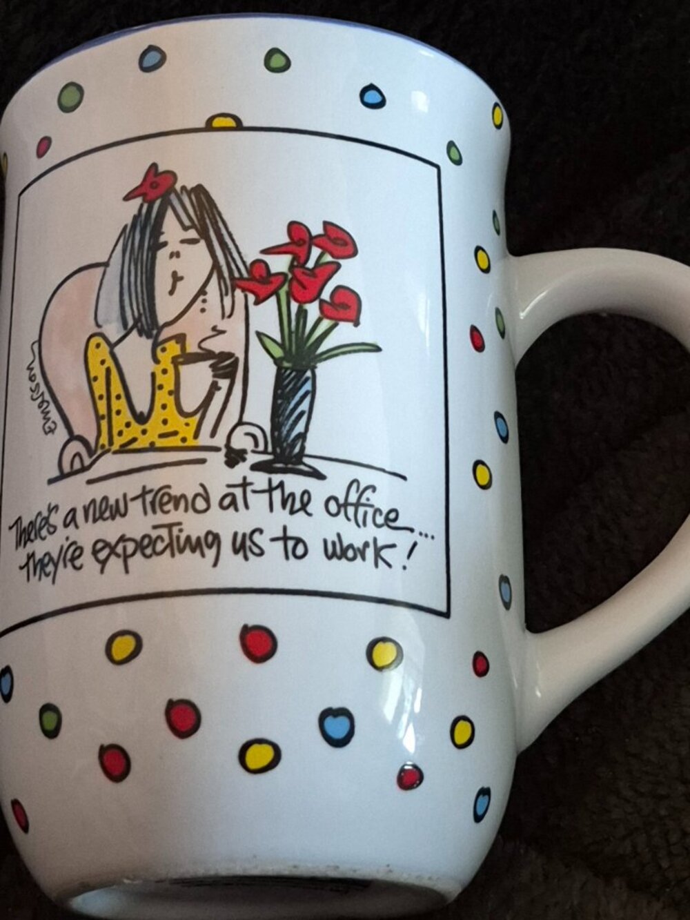 Vintage Emerson Quillin Ceramic Coffee Mug Cartoon Woman Office Humor Polka Dots